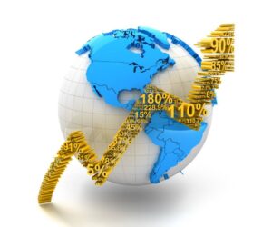 3d render of globe with arrow formed by numbers, white background