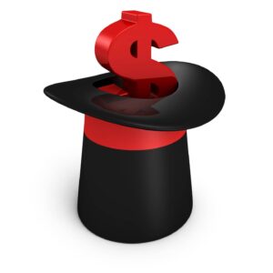 red dollar currency symbol in magic hat cylinder