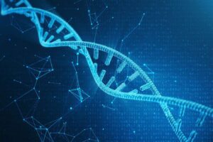 Digital DNA molecule, structure. Concept binary code human genome. DNA molecule with modified genes. 3D illustration