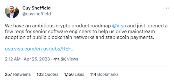 Visa’s ‘head of crypto’ had to say on Twitter this week: